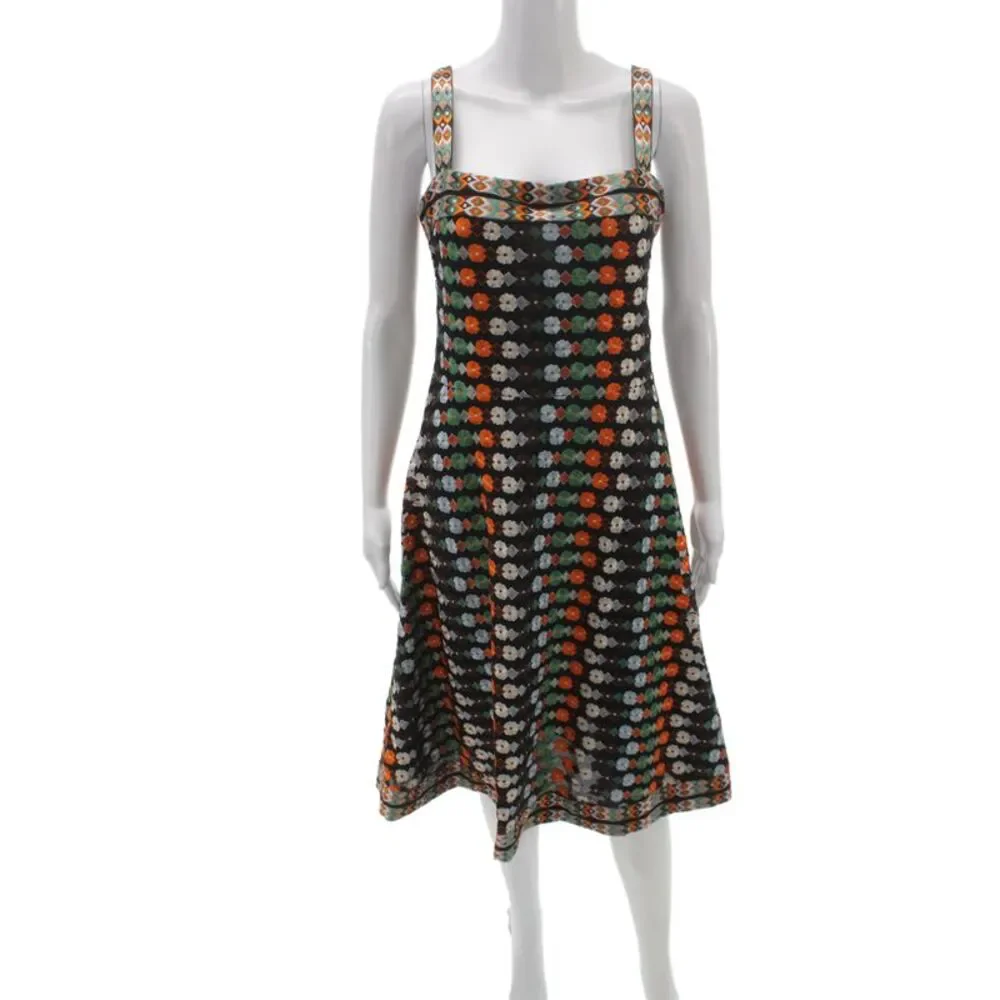 Tory Burch Women A-Line Black Square Neck Diamond Nylon Dress Zip Size 6